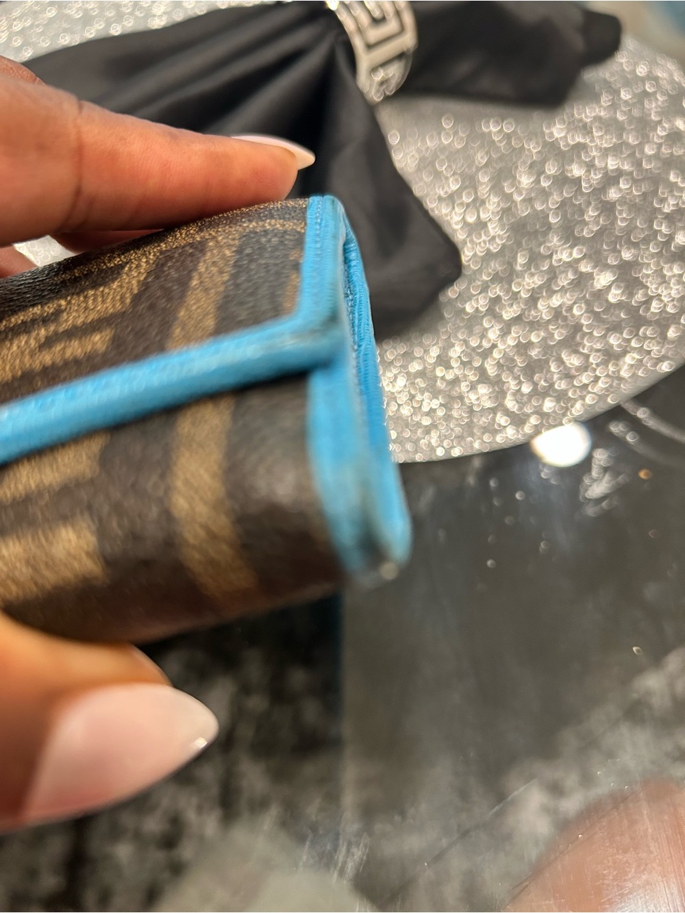 Authentic FENDI Brown Monogram Clutch with Turquoise Trim - Picture 8 of 12